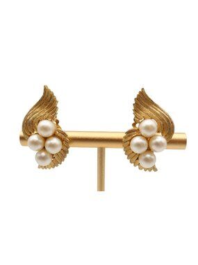 Vintage KRAMER Gold Tone Faux Pearl Wing Clip On Earrings 1.25" Signed
